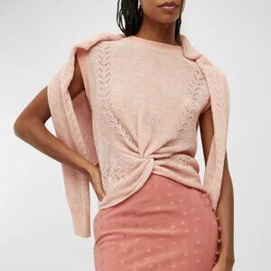 Veronica Beard Kellen Dusty Pink Linen Pointelle Twist-Front Sleeveless Sweater